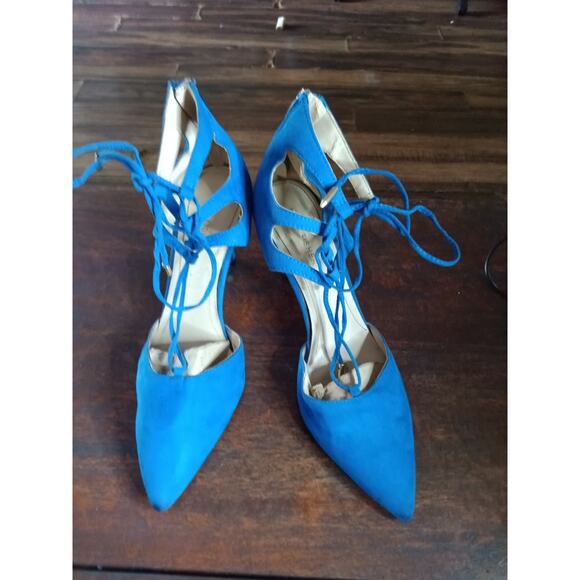 Marc Fisher Truthe Blue Suede Lace-up Pointed Toe Heels Size 9 GUC - Picture 1 of 8
